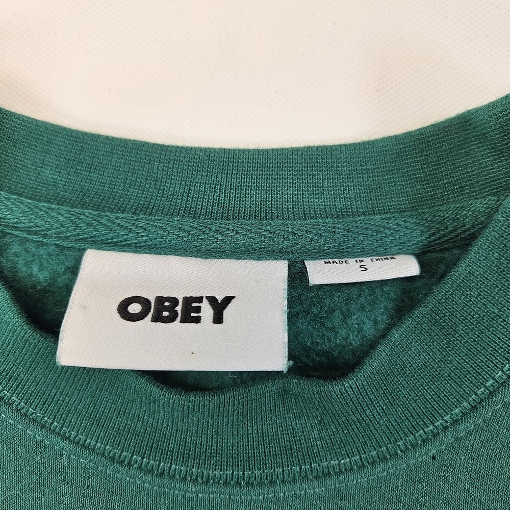 Obey Brick By Brick Crewneck Mens S Green Embroidered Graphic Sweatshirt Skater - Picture 7 of 9